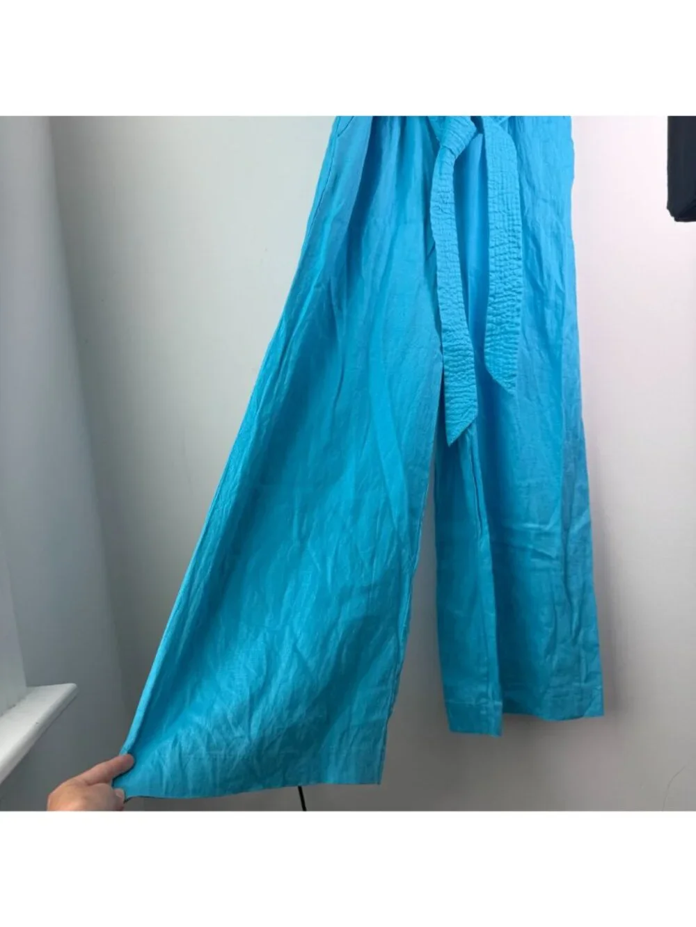 J. Crew Tie Waist 100% Linen Wide Leg Cropped Jumpsuit Blue Sz 2 Preppy Coastal